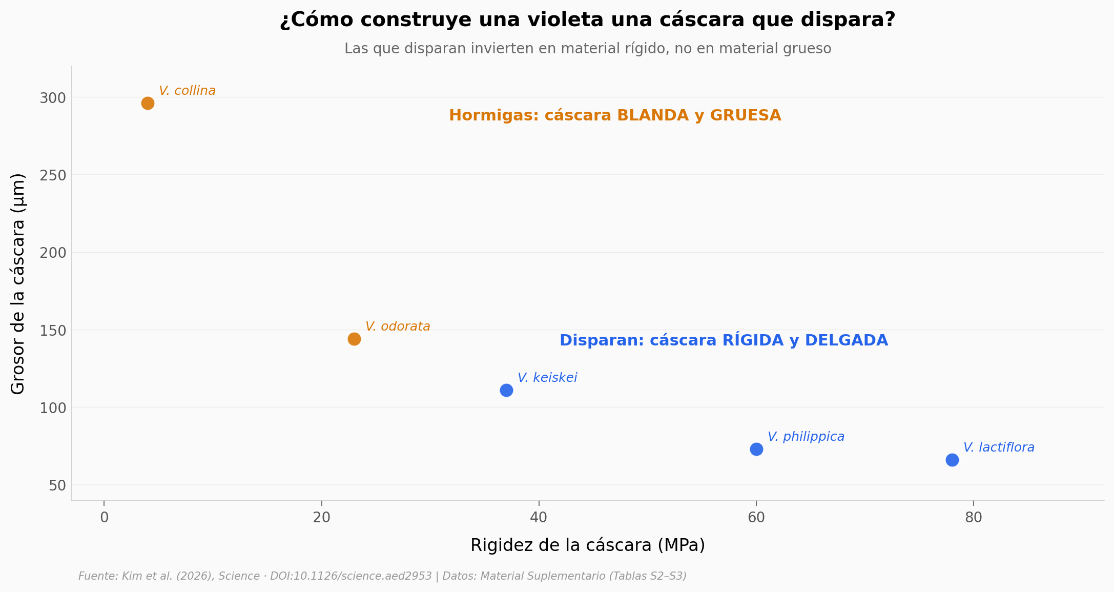 Mapa de diseño: rigidez vs grosor de la cáscara por especie